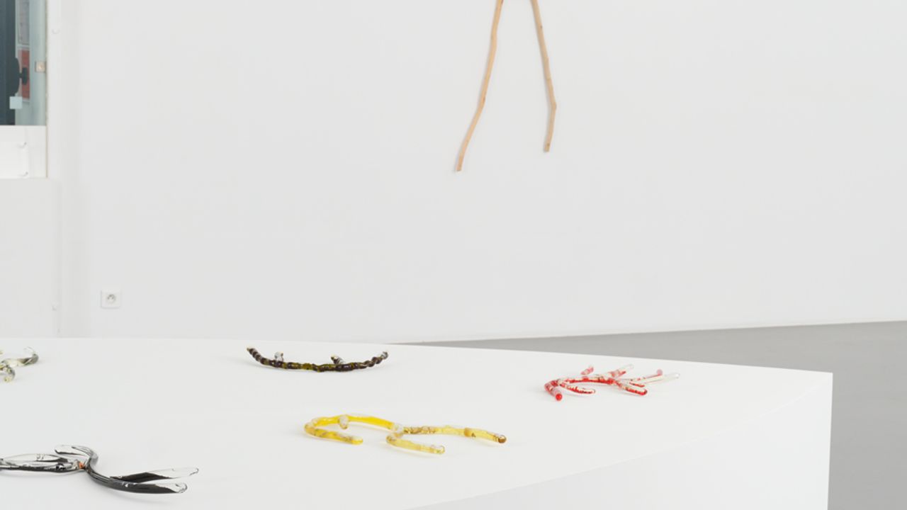 au premier plan on voit une extrémité du grand socle blanc en amande présent dans l'exposition «dansetremblenage» d'Hélène Bertin. Dessus sont posées des scultpures en verre remplie. Deux d'entre elles sont majoritairement pleines d'éléments noirs, une d'éléments jaunes et une d'éléments rouge orangé. En arrière-plan on voit une des sculptures d'Hélène qui se nomme «danseureuse» : un assemblage de bois de différentes essences. Ici l'assemblage forme comme un «X» qui est traversé en son centre par un bois horizontal. Sur celui-ci est fixé sur le bas, un autre bois en arc de cercle.