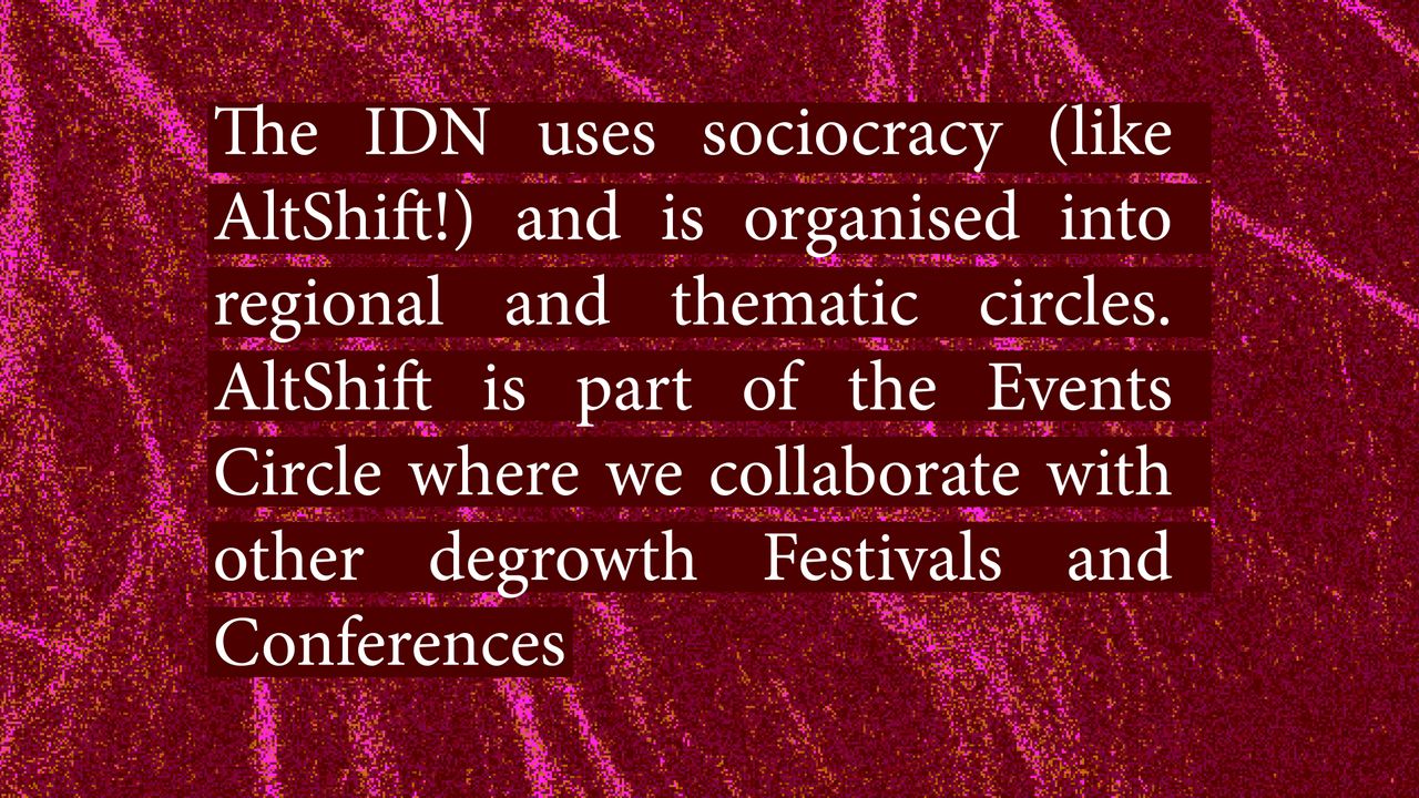 The IDN uses sociocracy (like AltShift!) and is organised into regional and thematic circles. AltShift is part of the Events Circle where we collaborate with other degrowth festivals and conferences
