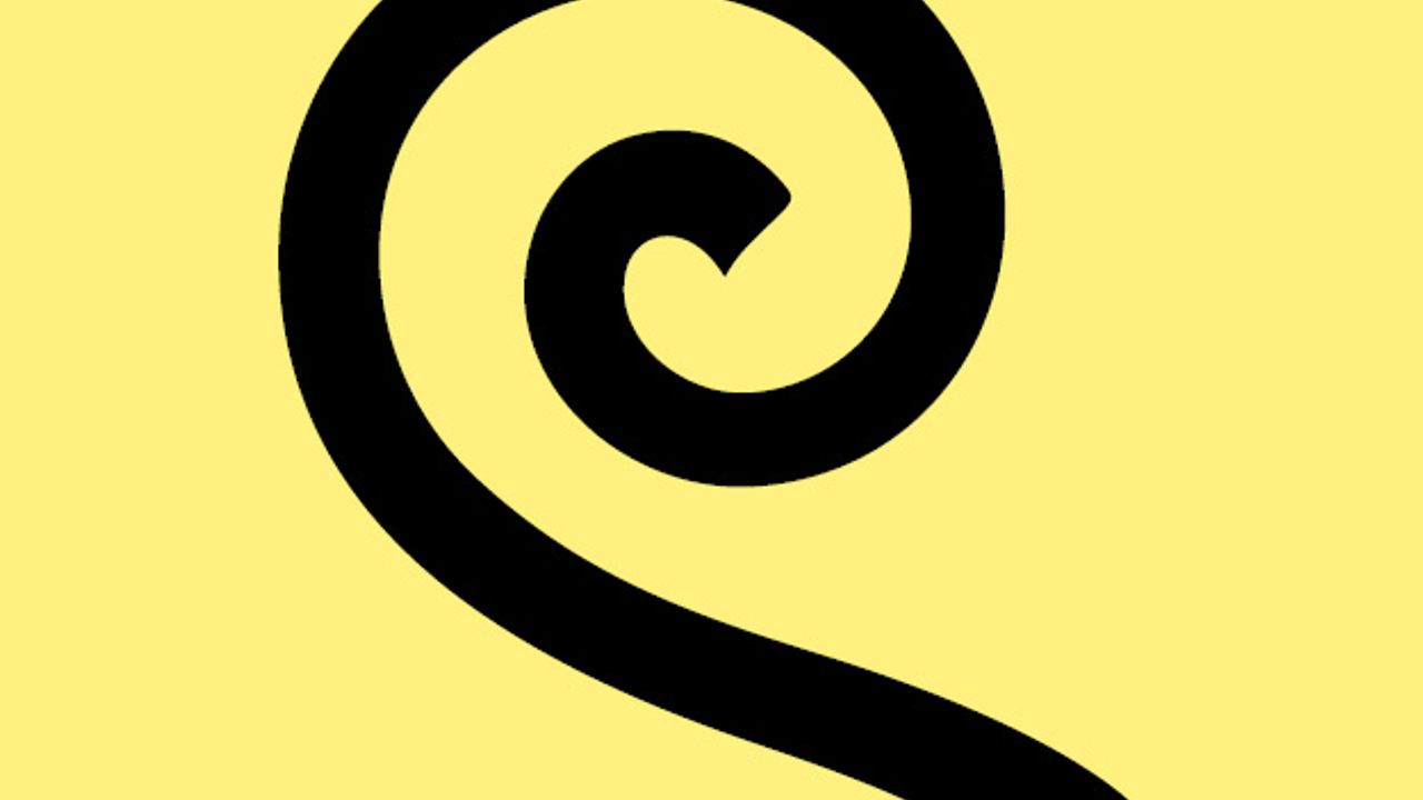 Un carré au fond jaune sur lequel se détache, au centre, une ligne noire qui s'enroule autour d'elle-même, un peu comme un escargot.