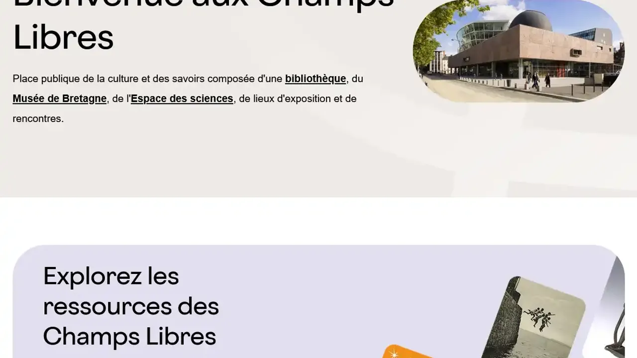 Bienvenue aux Champs Libres (capture d'écran de la page d'accueil du site web)
