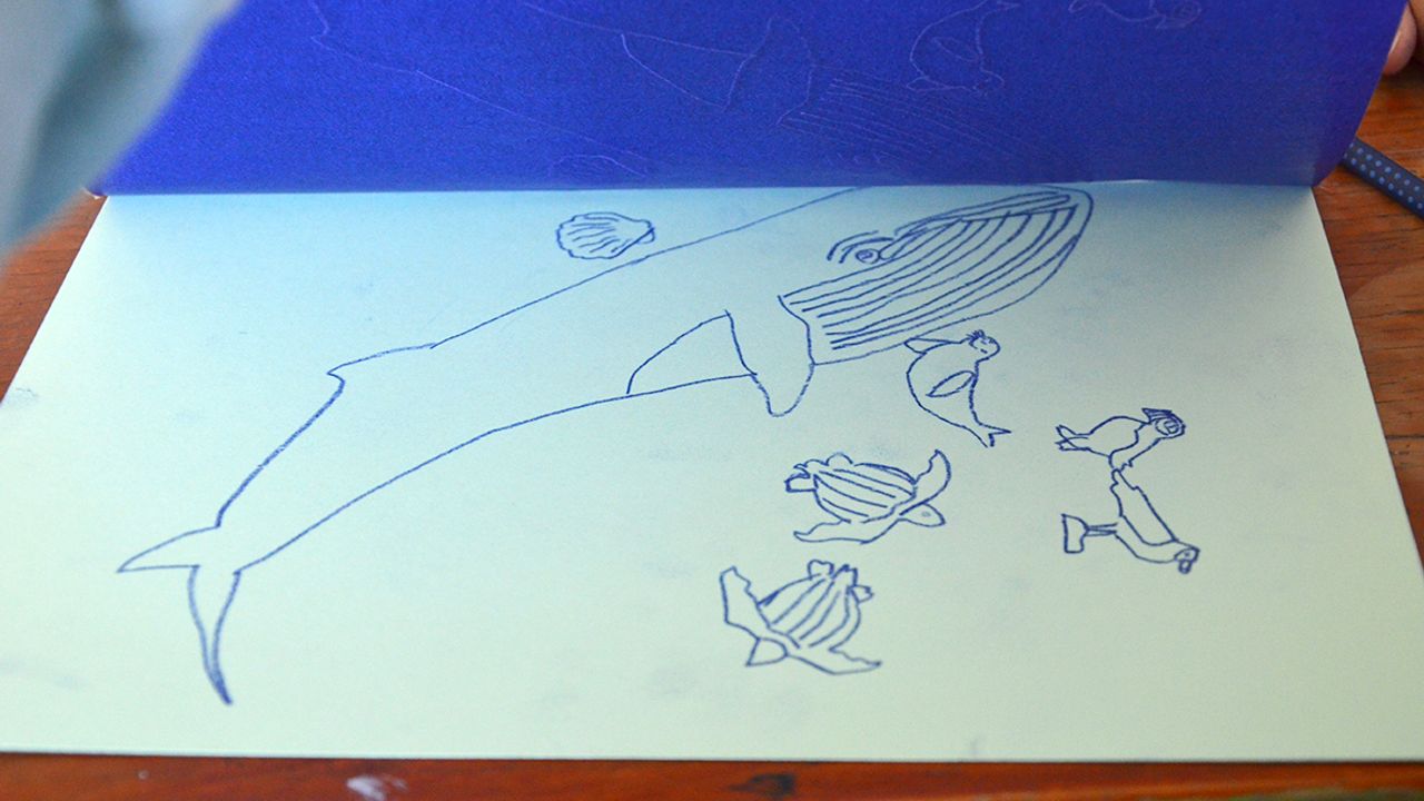 Un dessin de baleine et de tortues apparaît par tranfert