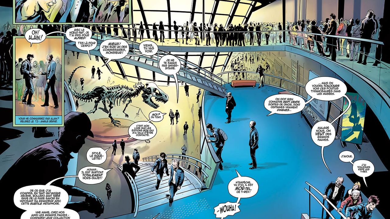 Une planche de bande dessinée nous montrant les Champs Libres de l'intérieur