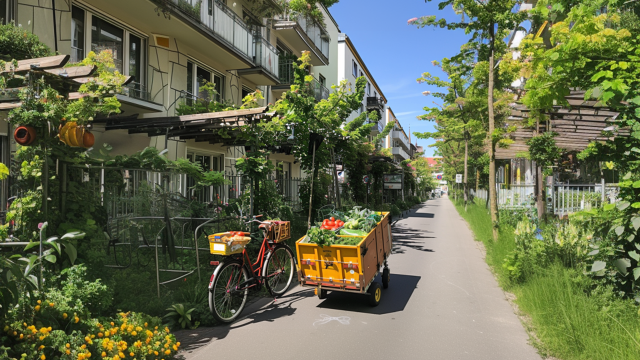 velo cargo dans une rue végétalisée, longée par une pergola