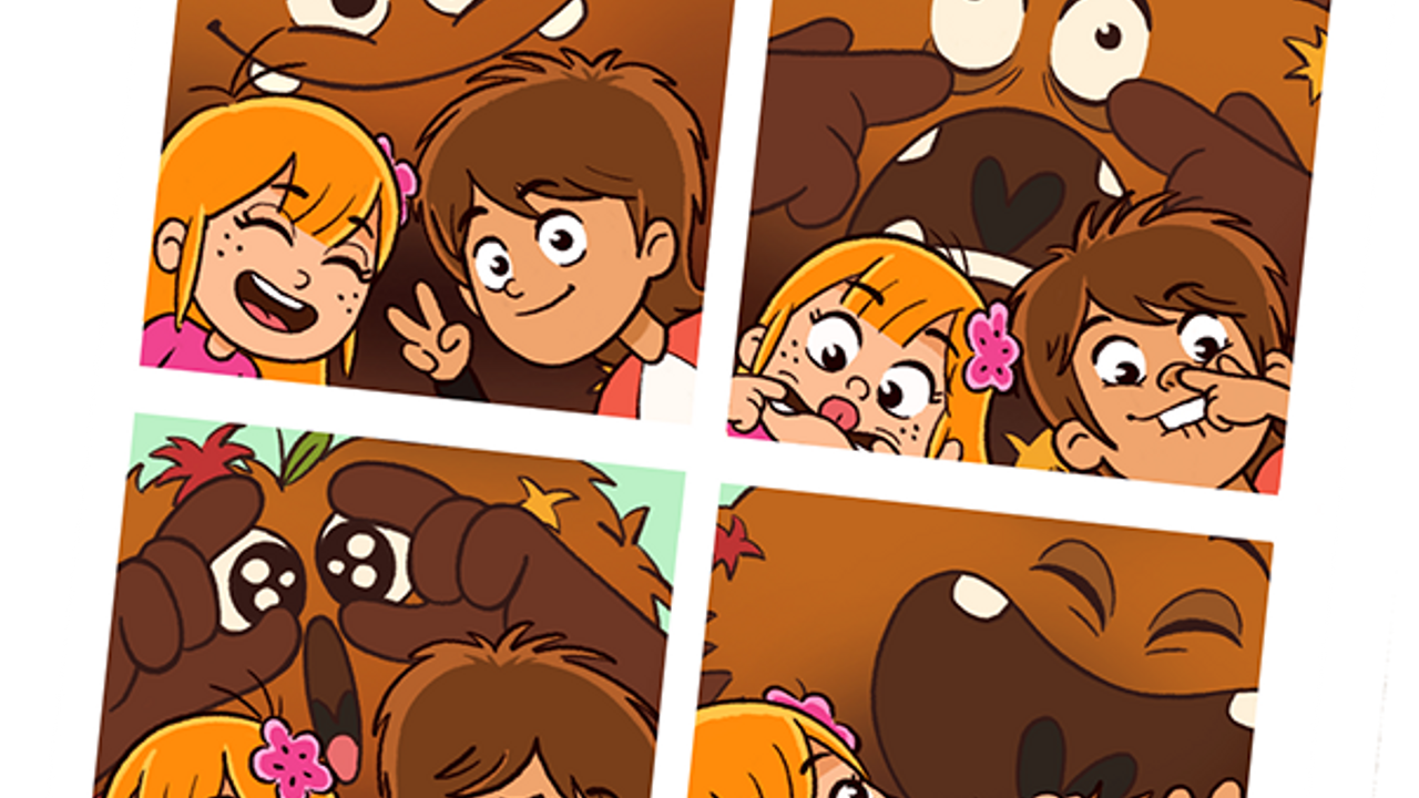 Vue d'une image de dessin animé. Des enfants et leur ami Compostman, un personnage en terre et en feuilles, font les fous en se prenant en photo dans un photomaton.