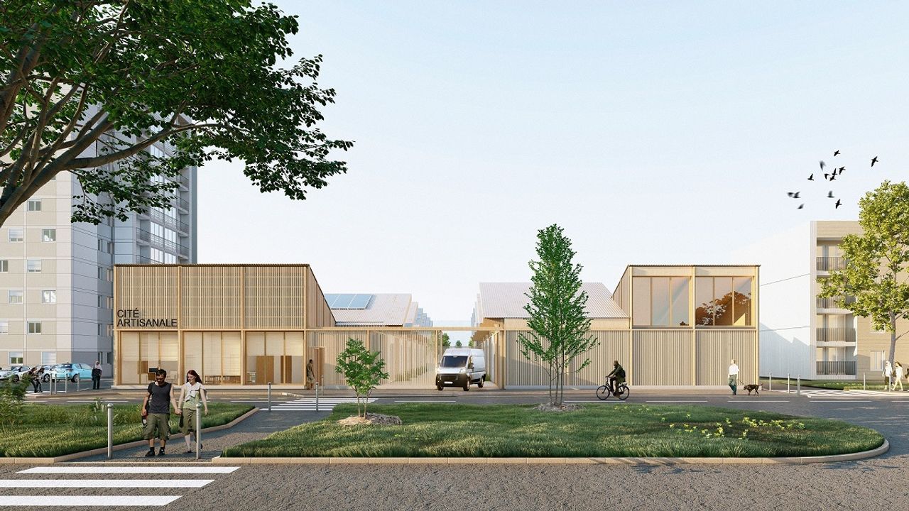 Visuel de la future cité artisanale sur le site de Torigné avec le boulevard de Bulgarie au premier plan. Le bâtiment montré en profondeur possède des façades vitrées et ajourées et est d'une teinte couleur bois.
