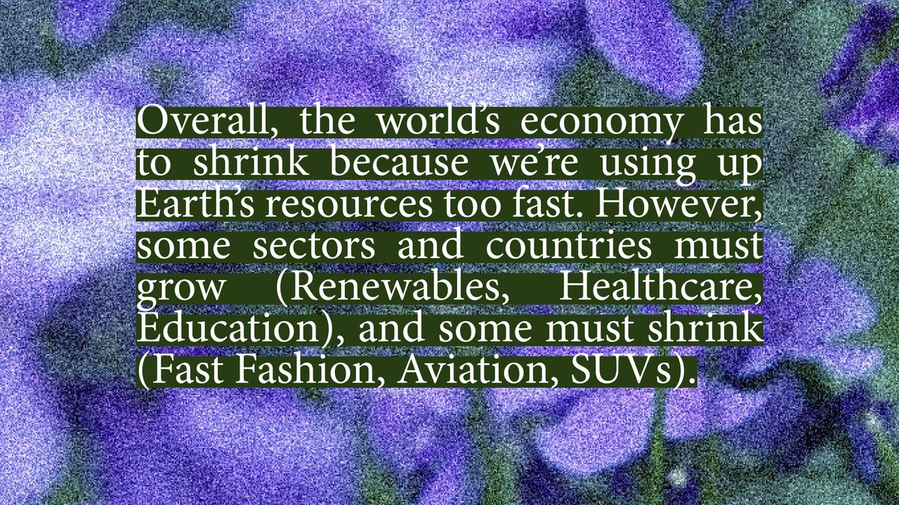 Degrowth Means All Sectors Must Shrink. Overall, the world's economy has to shrink because we're using up Earth's resources too fast. However, some sectors and countries must grow (Renewables, Healthcare, Education), and some must shrink (Fast Fashion, Aviation, SUVs).