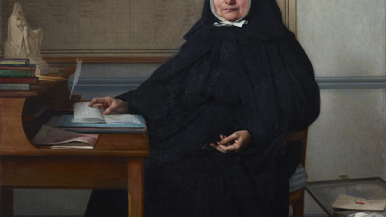 Vue d'un tableau représentant une religieuse, la main posée sur un livre, avec un crucifix en arrière-plan