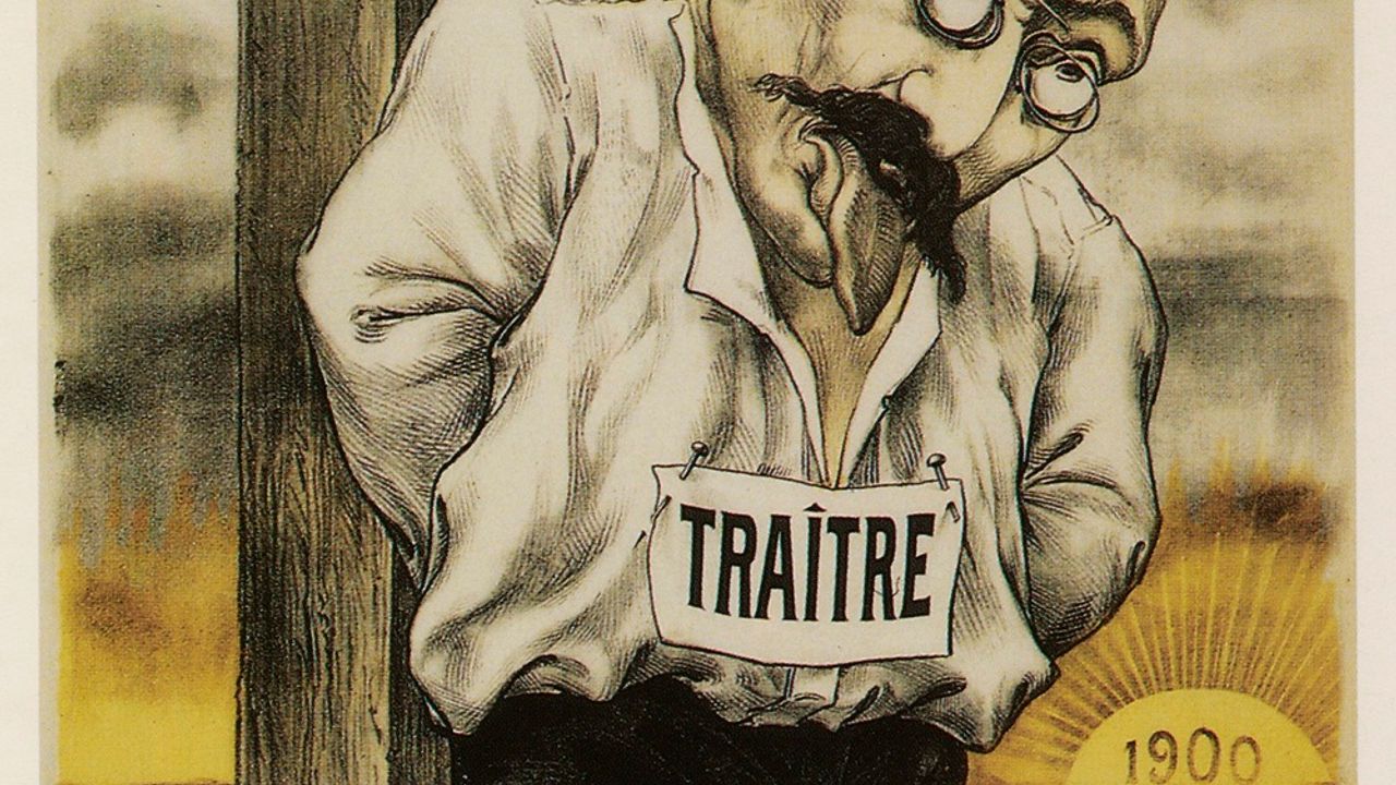 Une caricature montrant le capitaine Dreyfus pendu à une poterne