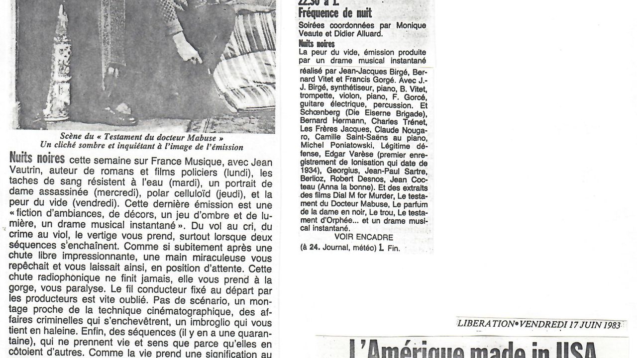 Sur les émissions de création France Musique La peur du vide et Usa le complot : Télérama, Fiction Magazine, Libération (sept. 1983)