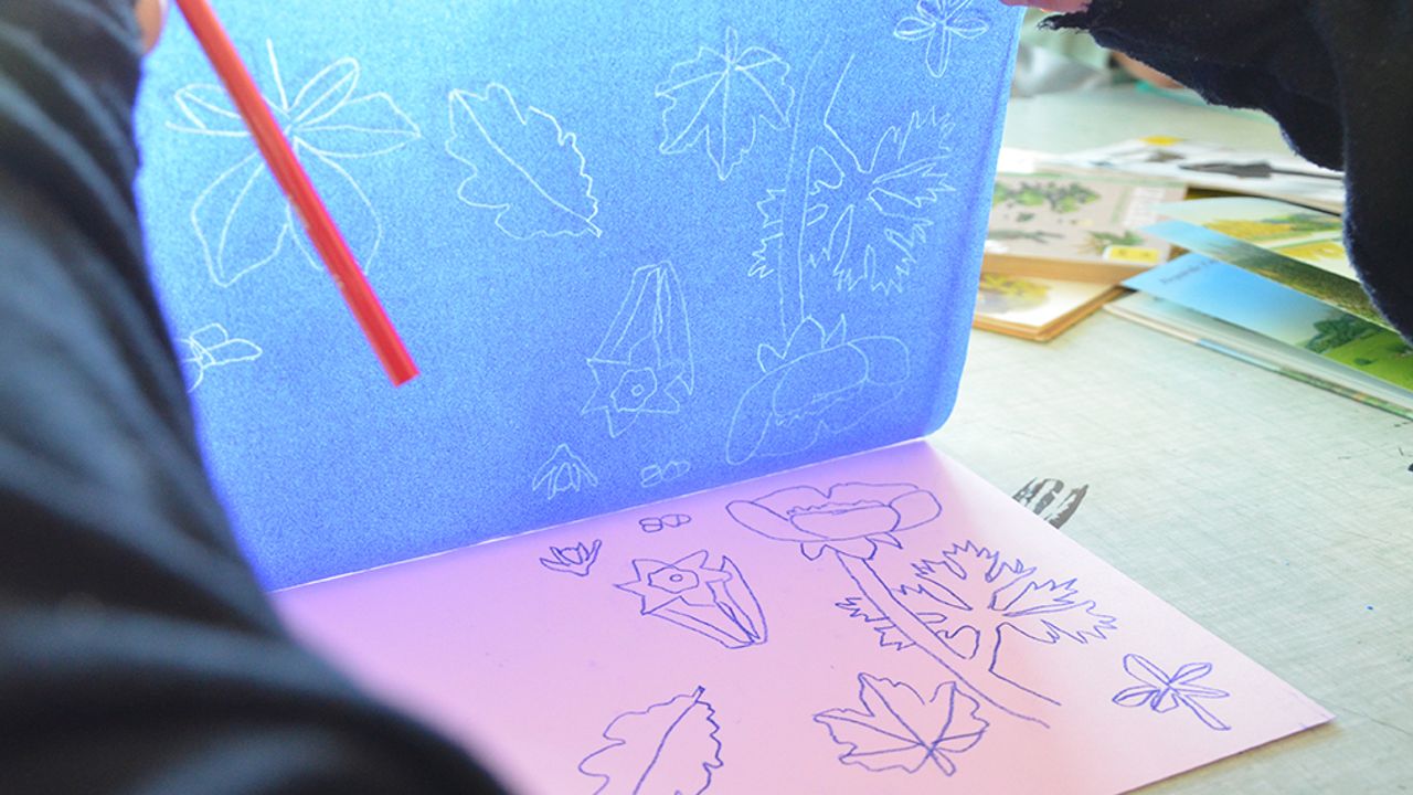 Un enfant observe son dessin en transfert