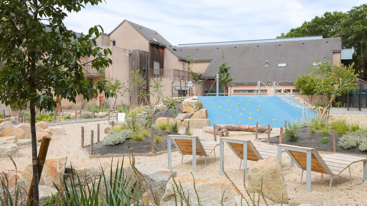 Au premier plan, des transats, rochers et plantations composent une cour d'école végétalisée