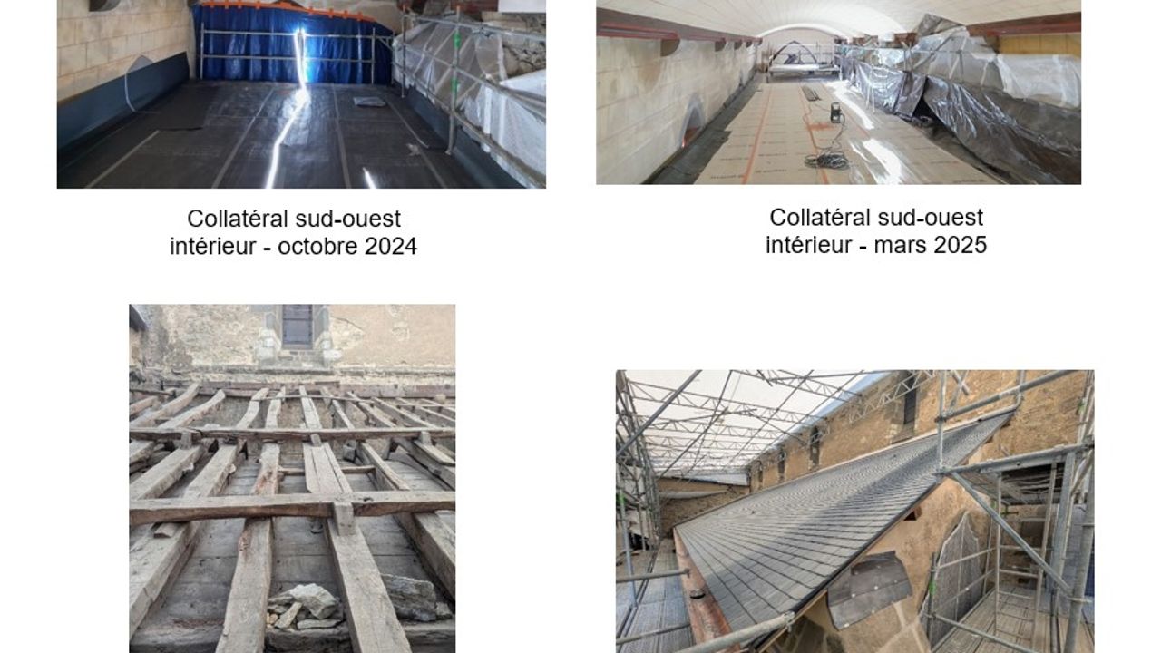 Exemples d'avant-après des travaux menés sur les toitures du collatéral sud-est extérier et sur les voûtes du collatéral sud-ouest.