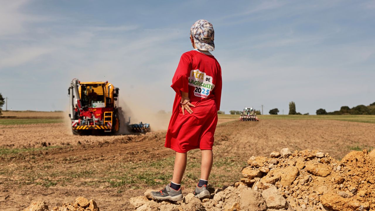 un enfant regarde des engins agricoles travailler un champ