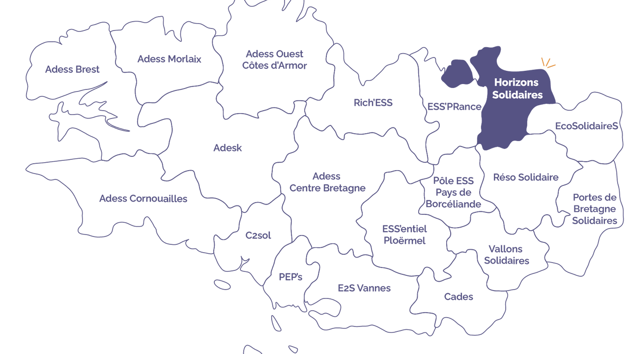 Carte de Bretagne recensant tous les pôles ESS.