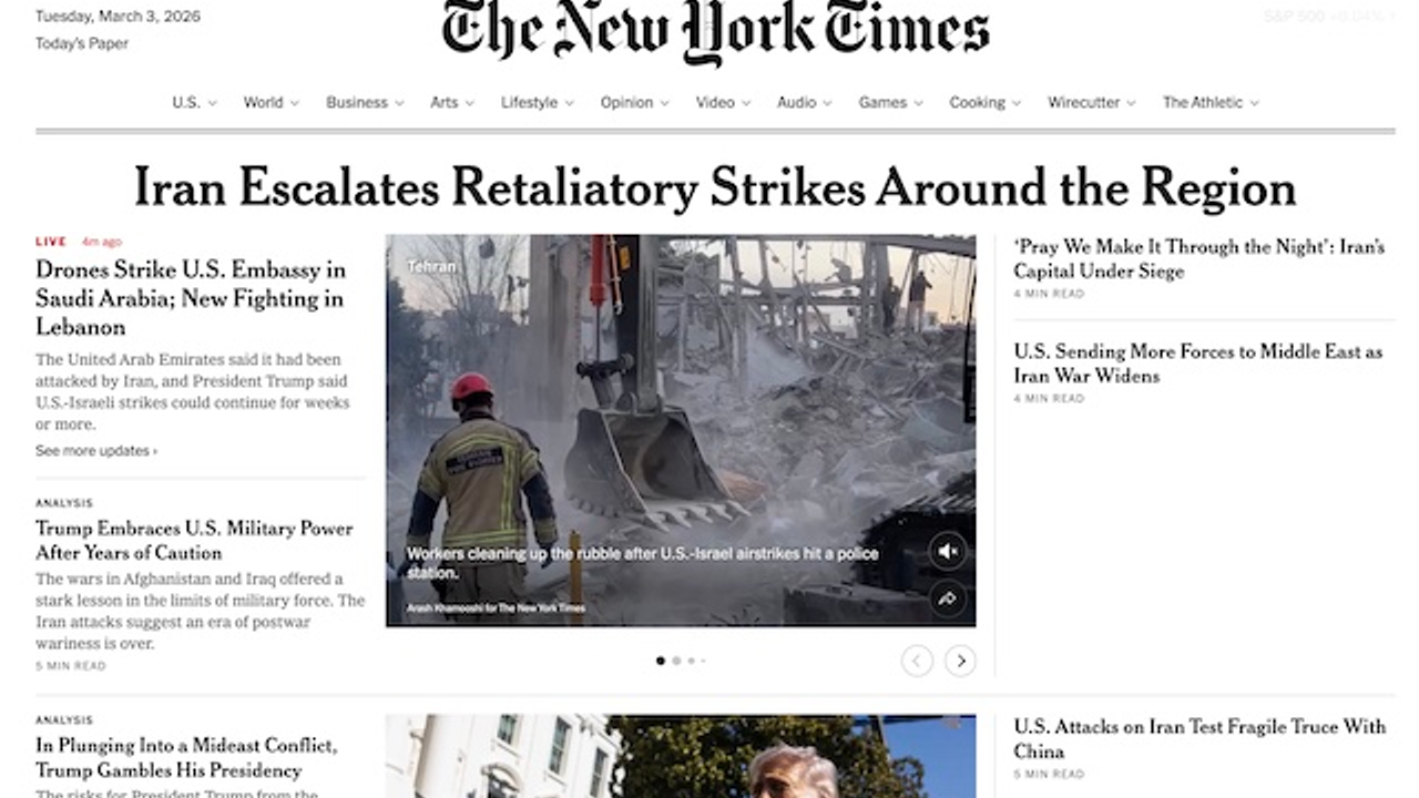 Capture d'écran de la page d'accueil de The New York Times