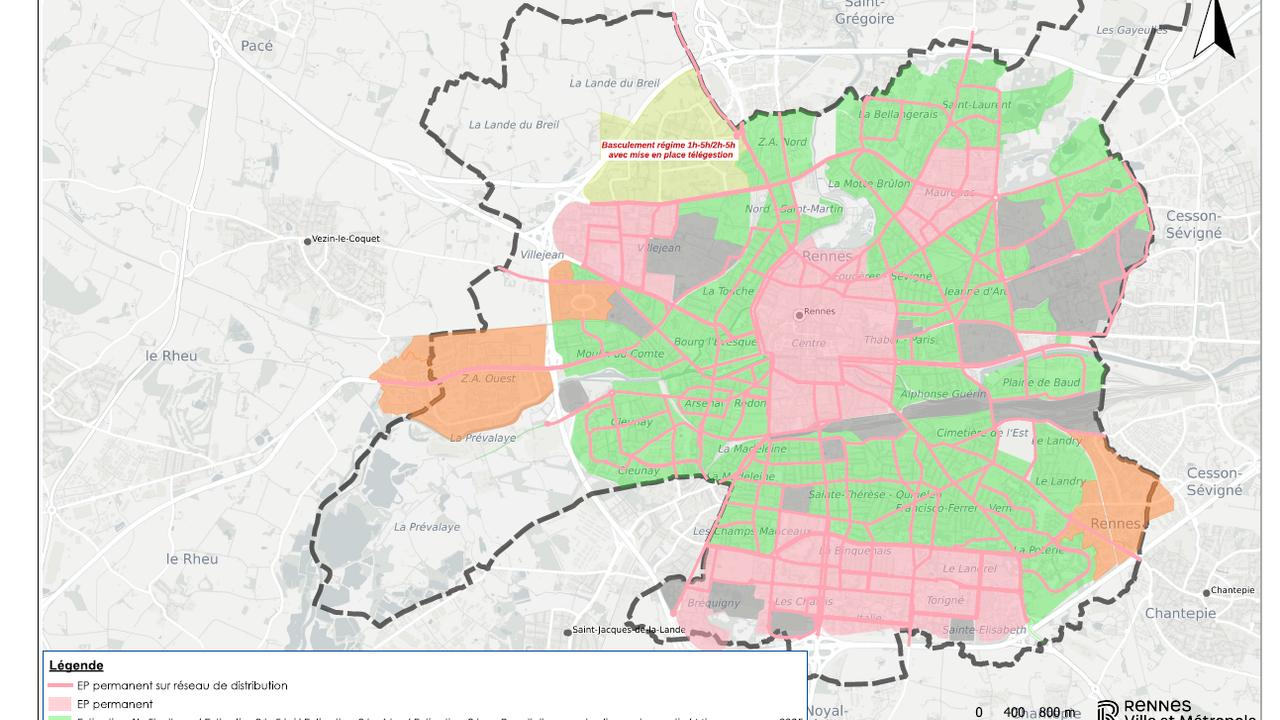 Carte des horaires de l’éclairage public à Rennes
