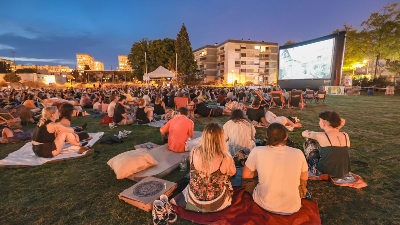 Personnes assises dans l'herbe pour un ciné plein-air