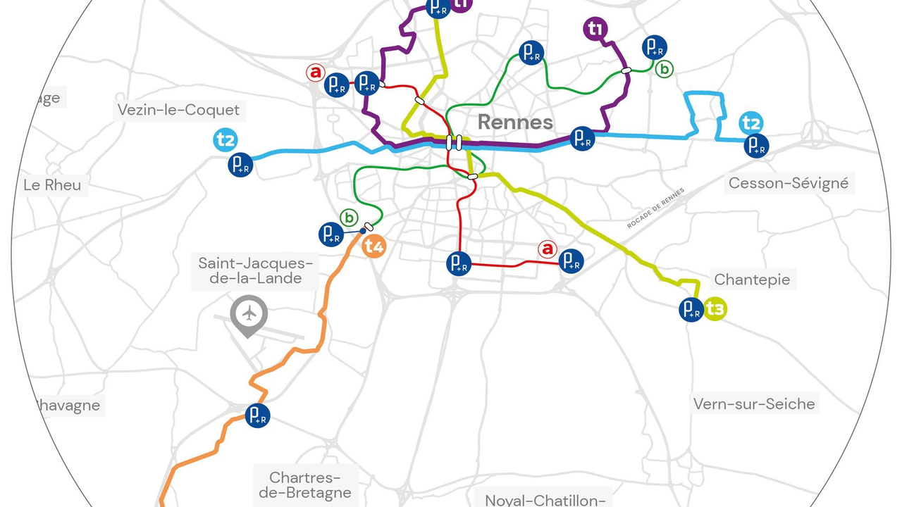 Carte des 4 lignes du futur trambus de Rennes Métropole