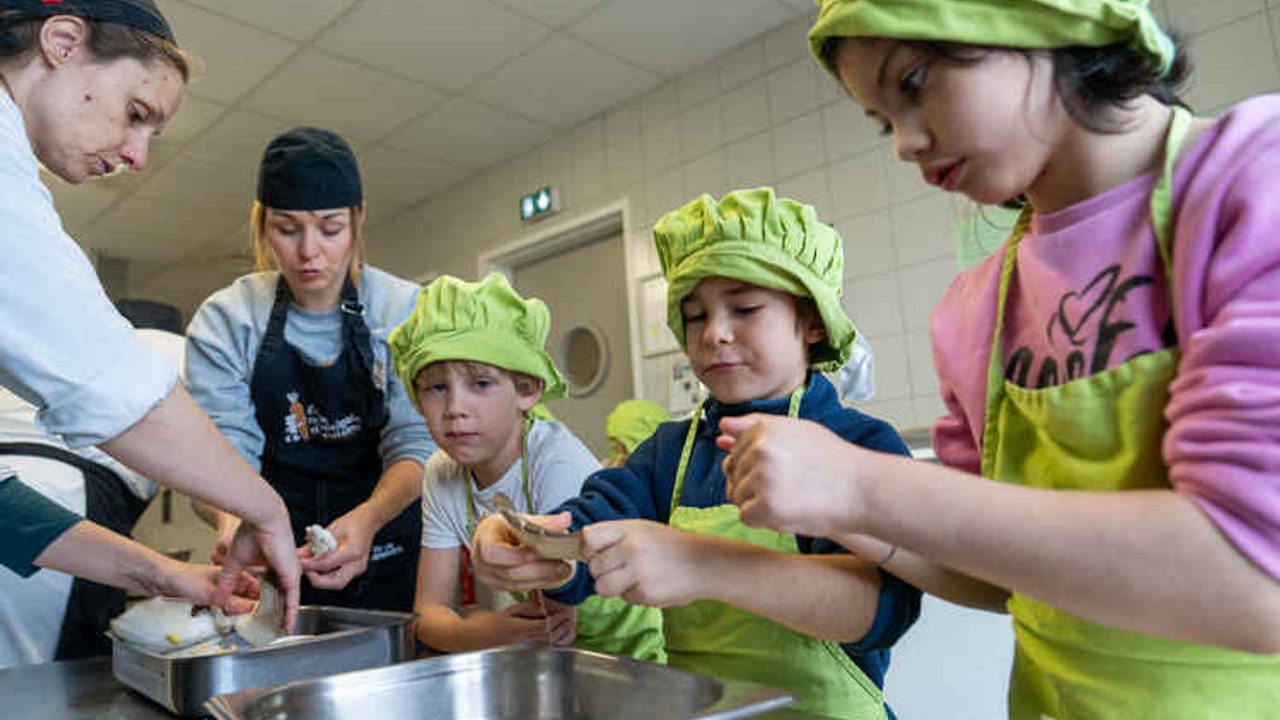Des enfants apprennent à découper des légumes encadrés par des professionnels.