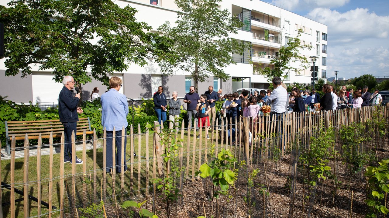 Des gens entre ce qui ressemble à un potager (en réalité une micro-forêt) et un immeuble, square Simone Morand