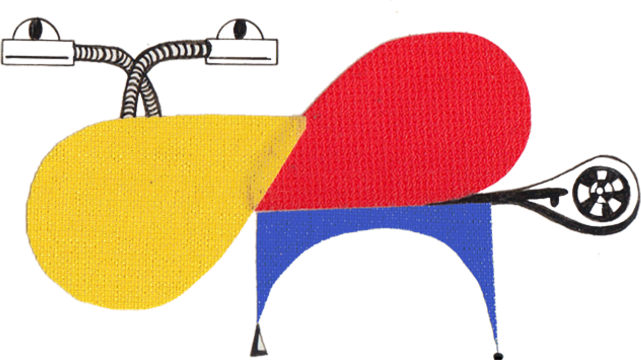 Abstract image with primary colors, eyes and tail