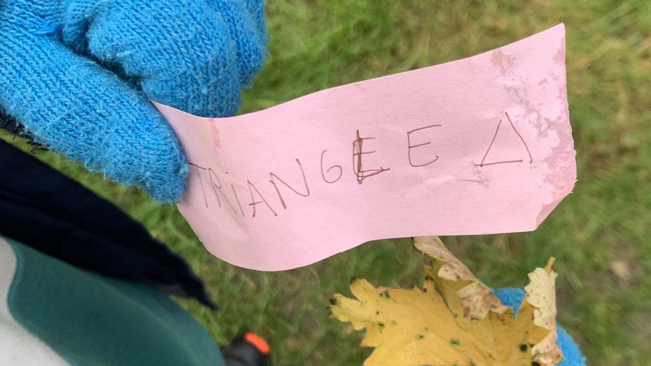 Une élève tient dans ses gants bleus un mot sur lequel est écrit "triangle" et une feuille d'arbre jaunie