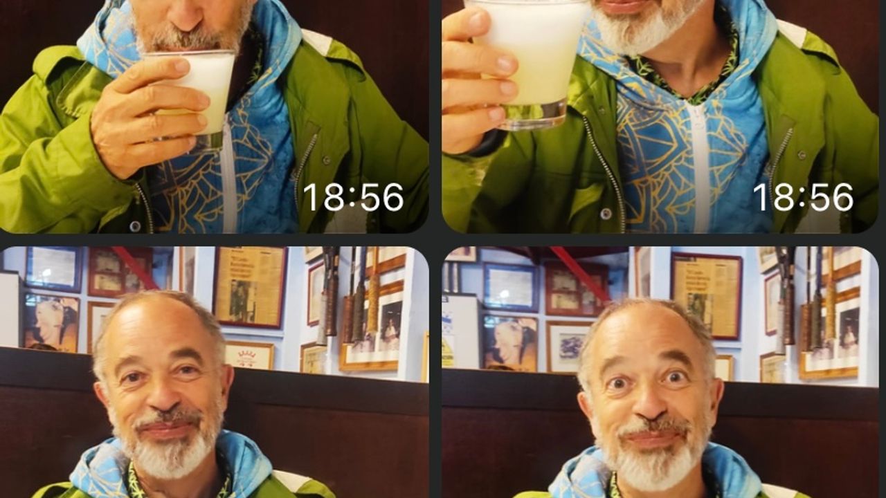Four photos of Jean Jacques Birgé with four different expressions, drinking a drink