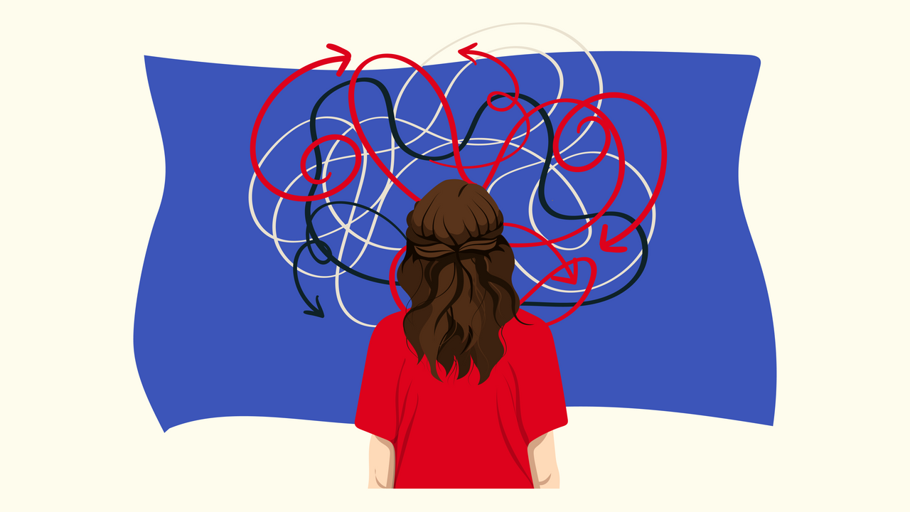 Femme de dos qui regarde un amas de flèches allant dans de multiples directions