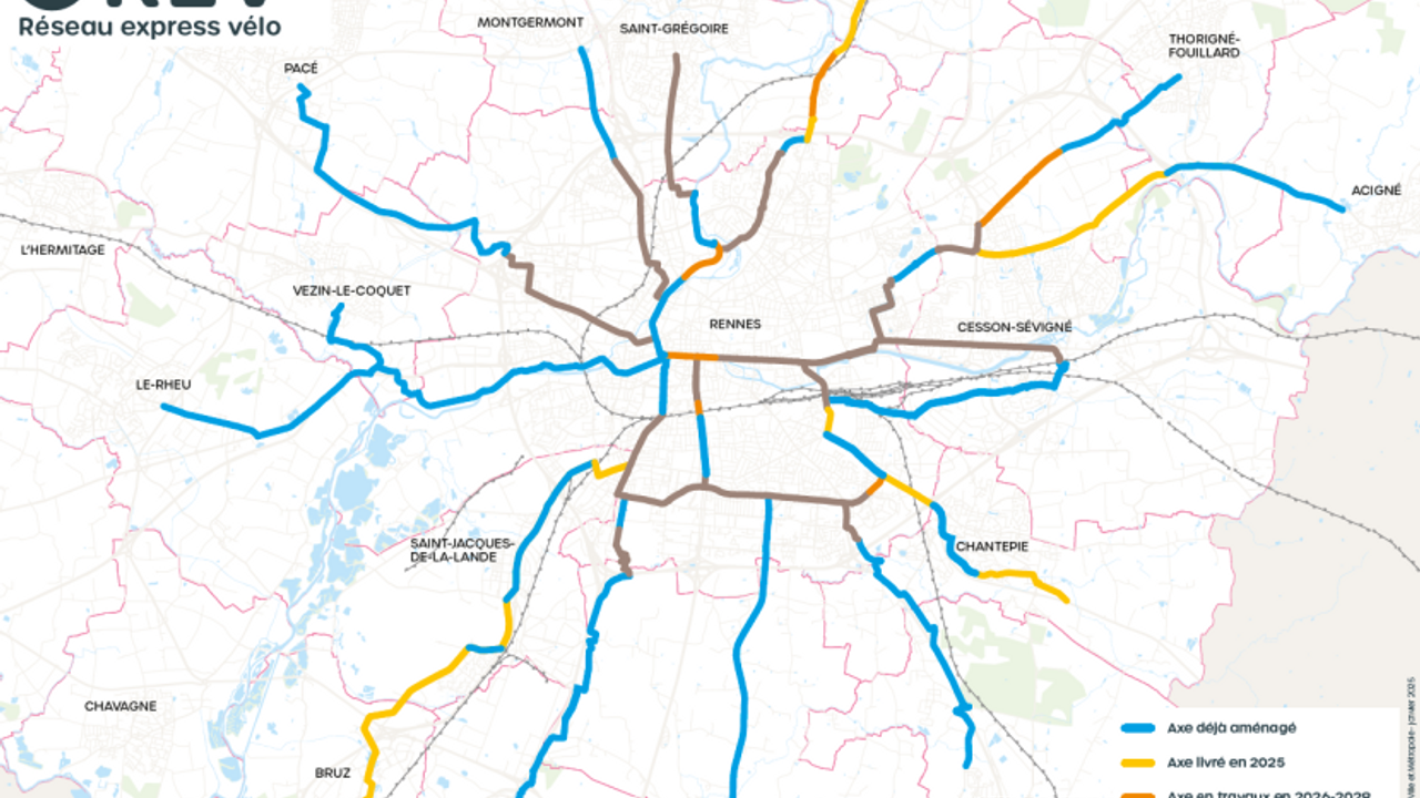 Carte des différents axes du Réseau express vélo (REV) de Rennes Métropole.
