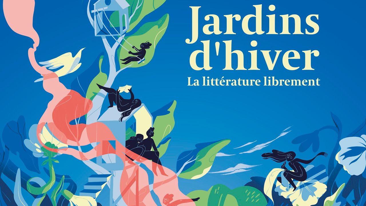Vue de l'affiche de Jardins d'hiver. Au centre de l'image, des personnes sont réunies autour d'un feu de camp. Les couleurs dominantes sont le bleu, le vert de la végétation et le rouge des flammes