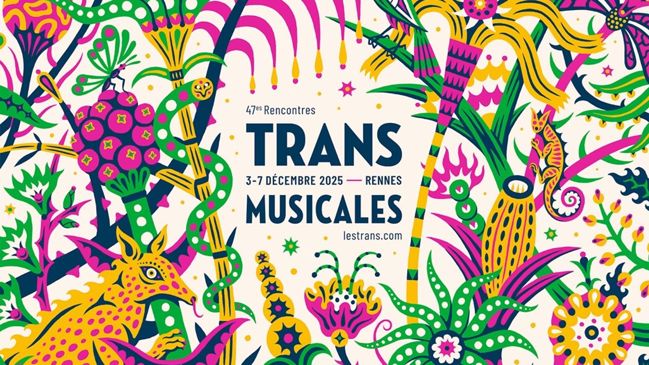 L'affiche des TransMusicales, très colorée, montrant une végétation luxuriante et un étrange animal