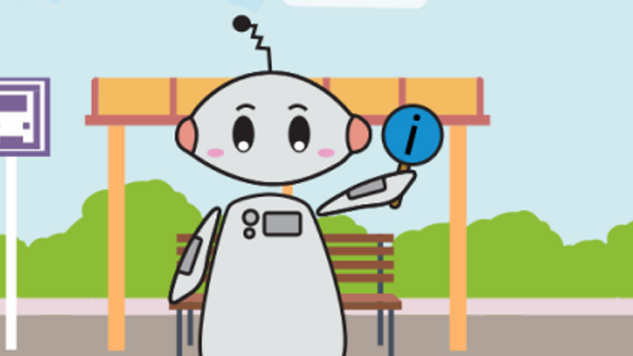 Image de Wibo qui tient un petit panneau information près d'un arrêt de bus.