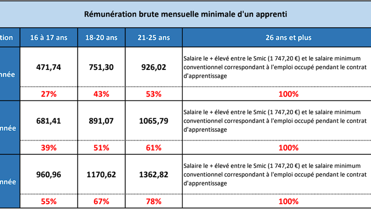 Rémunération brute mensuelle minimale d'un apprenti