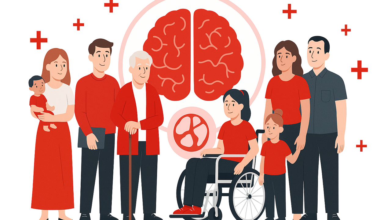 Une cohorte de patients participant à une étude de validation avec un cerveau en fond d'écran, symbolisant l'étude après AVC