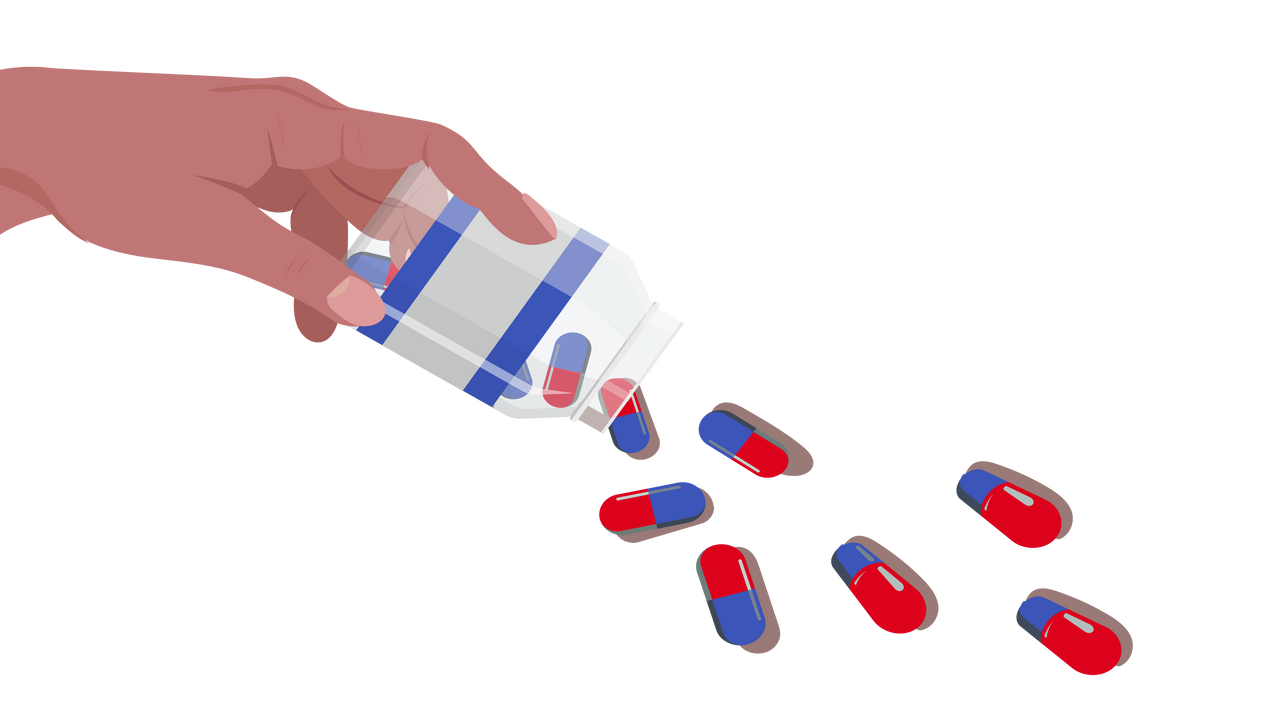 Illustration d'une main tenant un contenant de médicaments vers le bas 