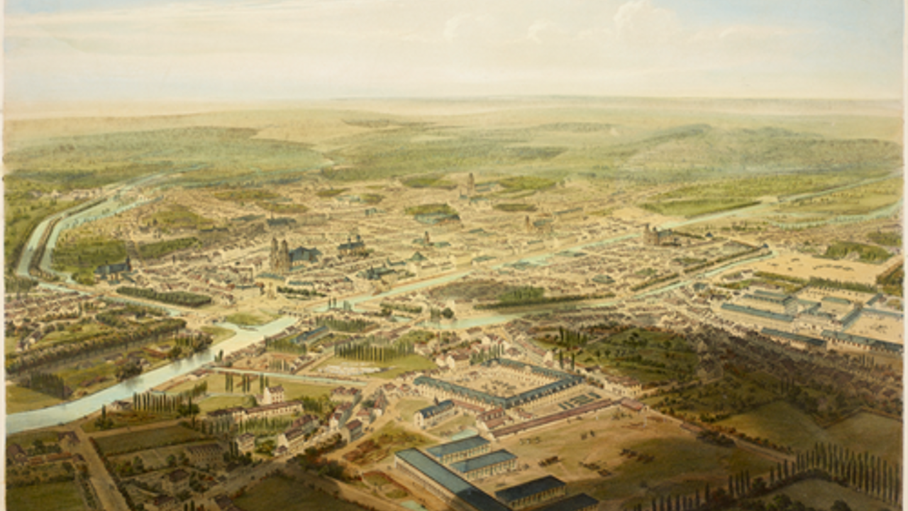 Vue aérienne de Rennes à travers un tableau