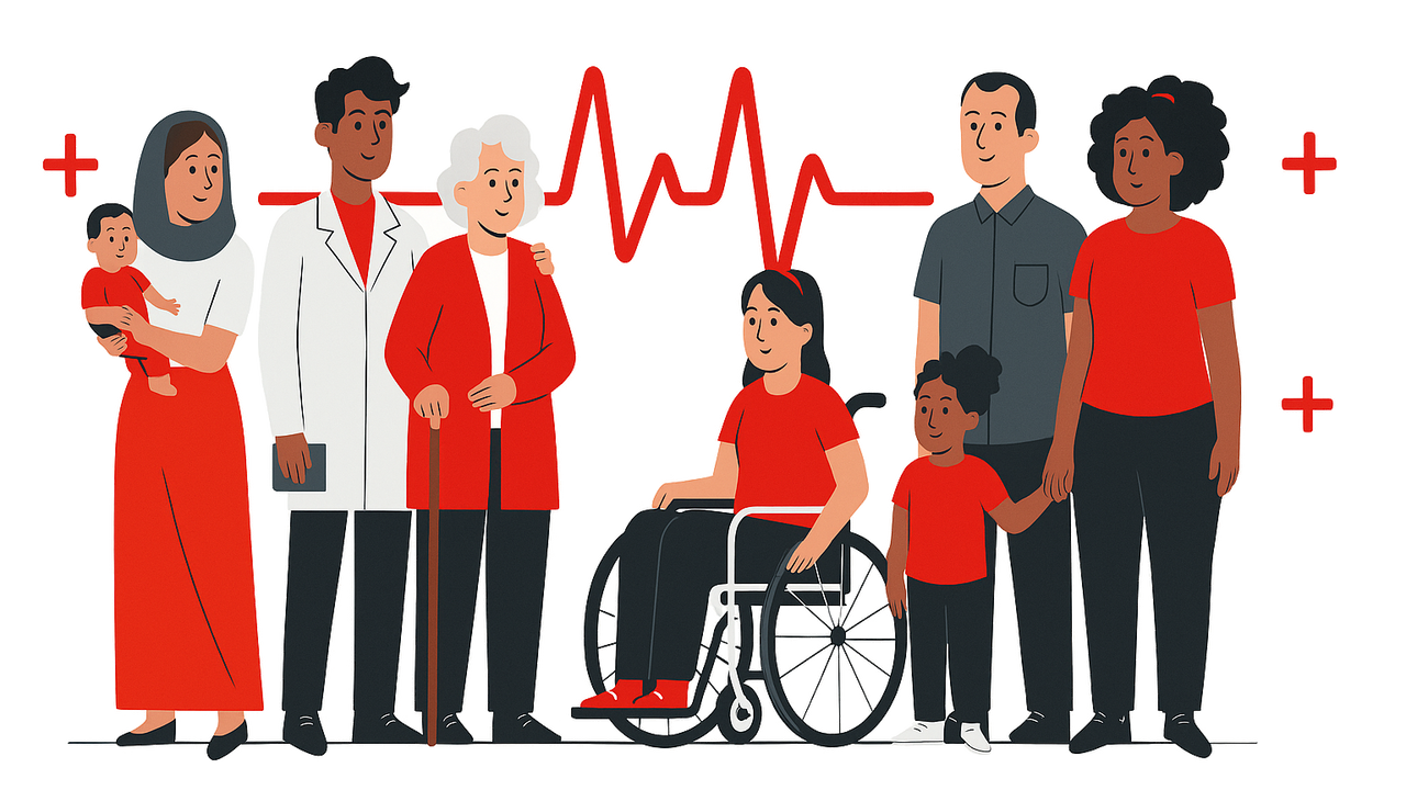 Une cohorte de patients participant à une étude de validation, avec un électrocardiogramme en fond