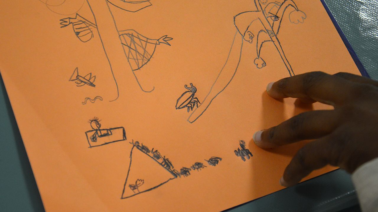 Un élève a dessiné sur une feuille orange des fourmis qui transportent des fruits.