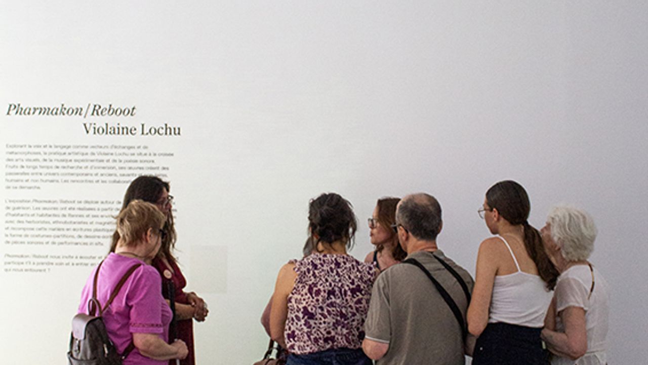 A l'entrée de l'exposition, le groupe écoute la médiatrice.