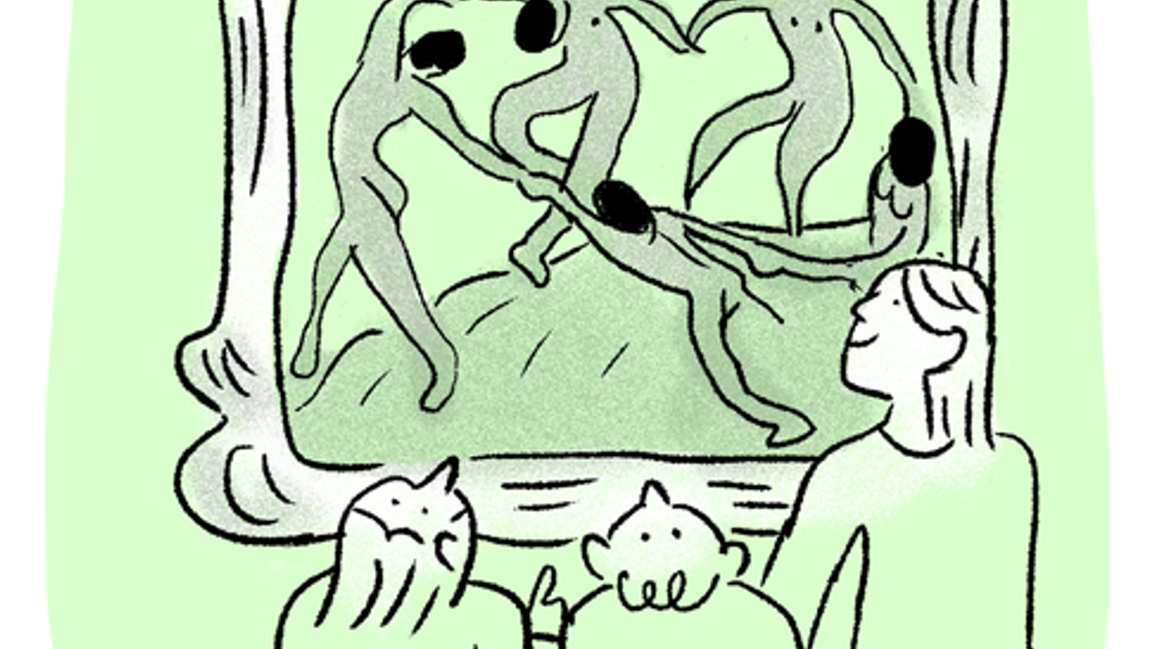 Dessin, trois personnes regardent un tableau dans un musée.