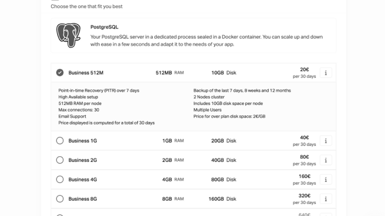 Capture d’écran des plans de Scalingo pour ses serveurs