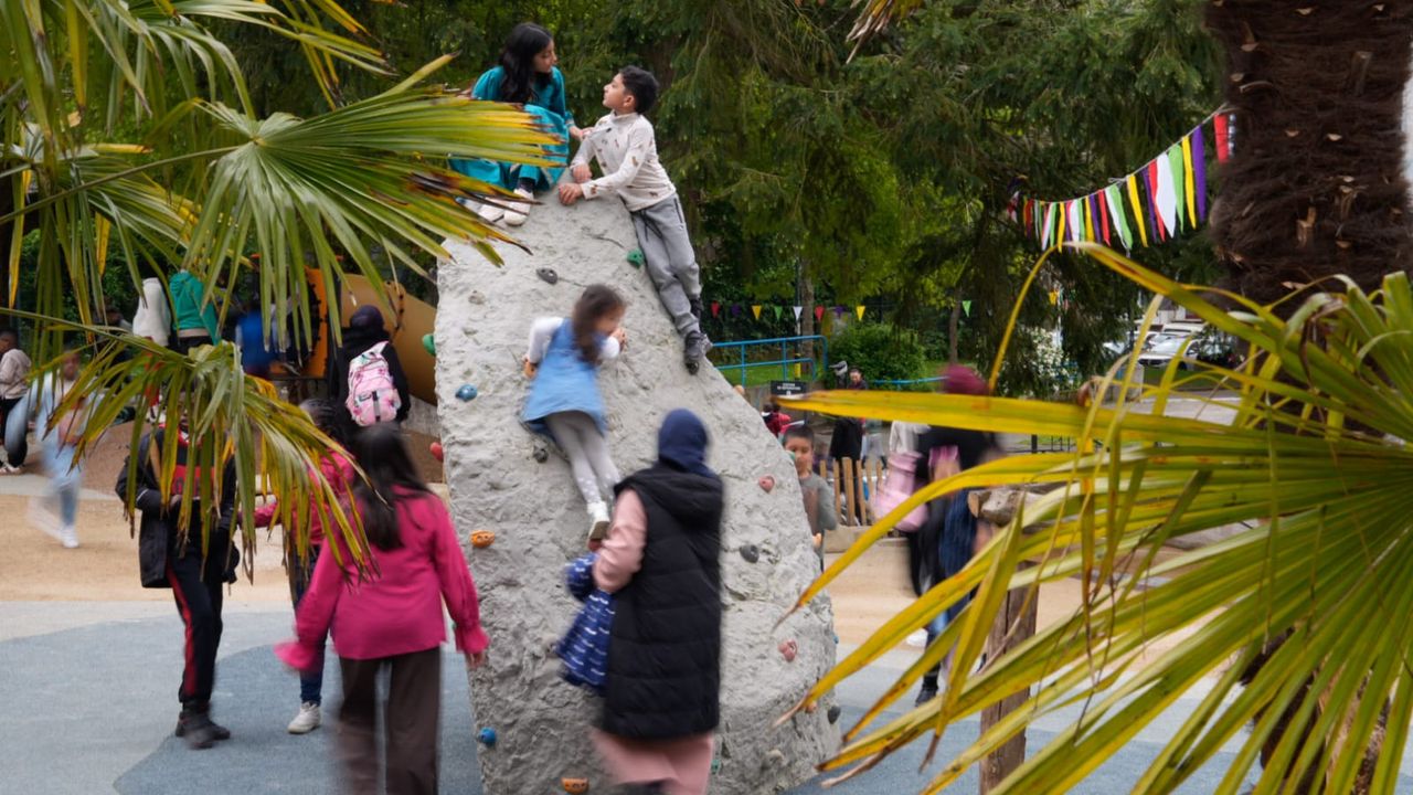des enfants escaladent une structure entourés de leurs accompagnants