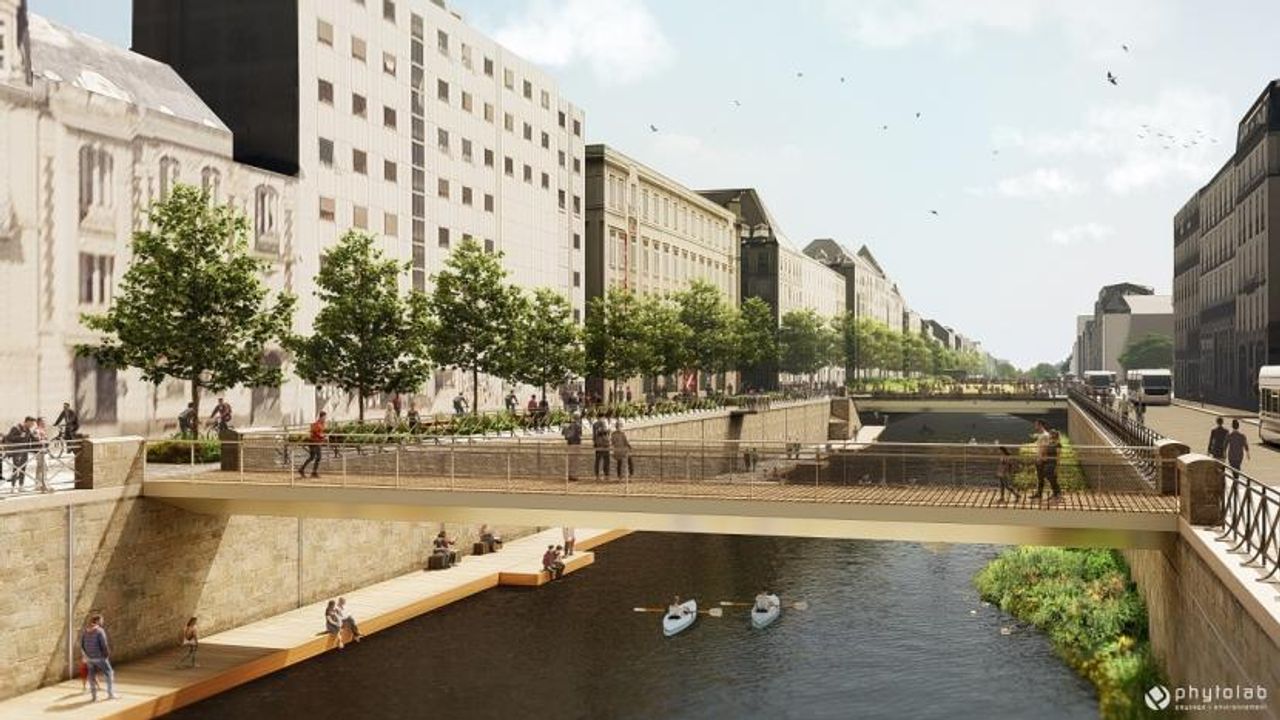 Perspective de la future passerelle dans le prolongement de la rue Lanjuinais, des pontons et jardins flottants à l'ouest du projet 