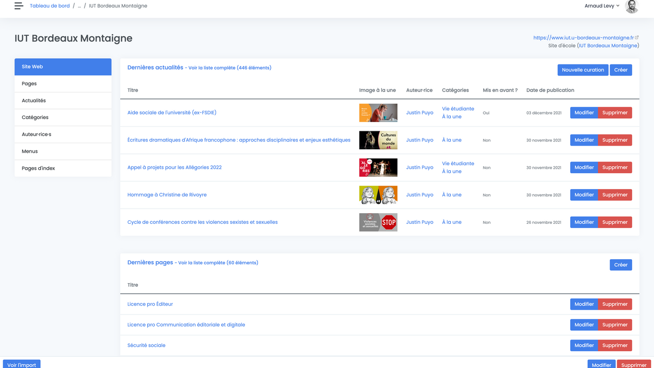 Tableau de bord d'un site