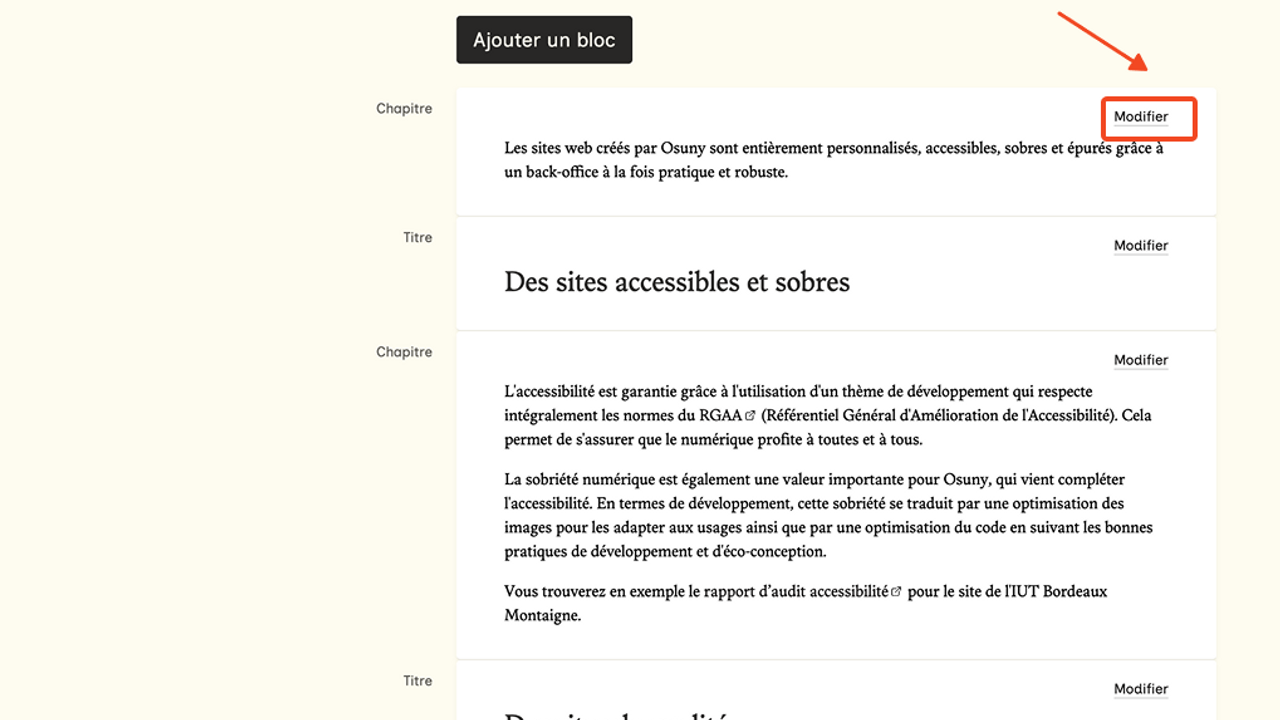 Une fois le bloc de contenu choisi pour le modifier, ciquez sur le bouton modifier