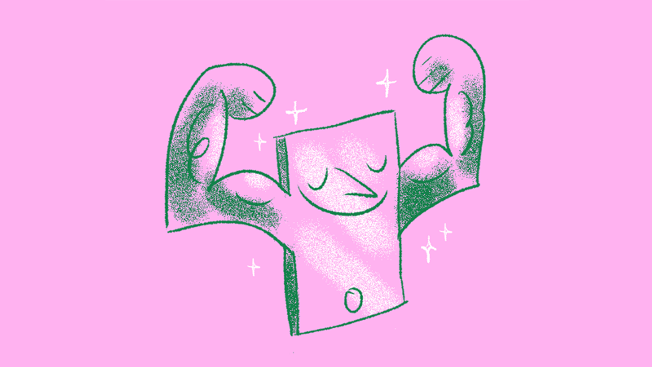 illustration d'un téléphone mobile heureux avec des biceps (grâce au reconditionnement)