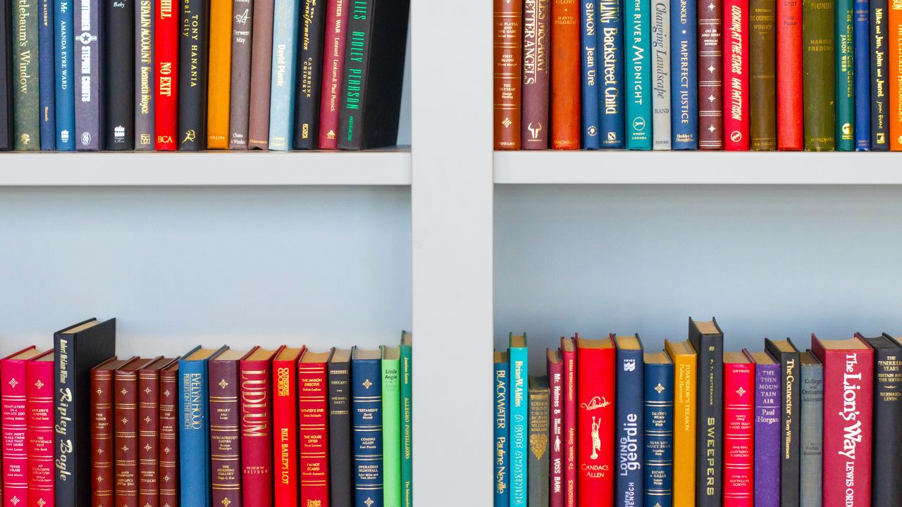 assorted-title book lot placed on white wooden shelf