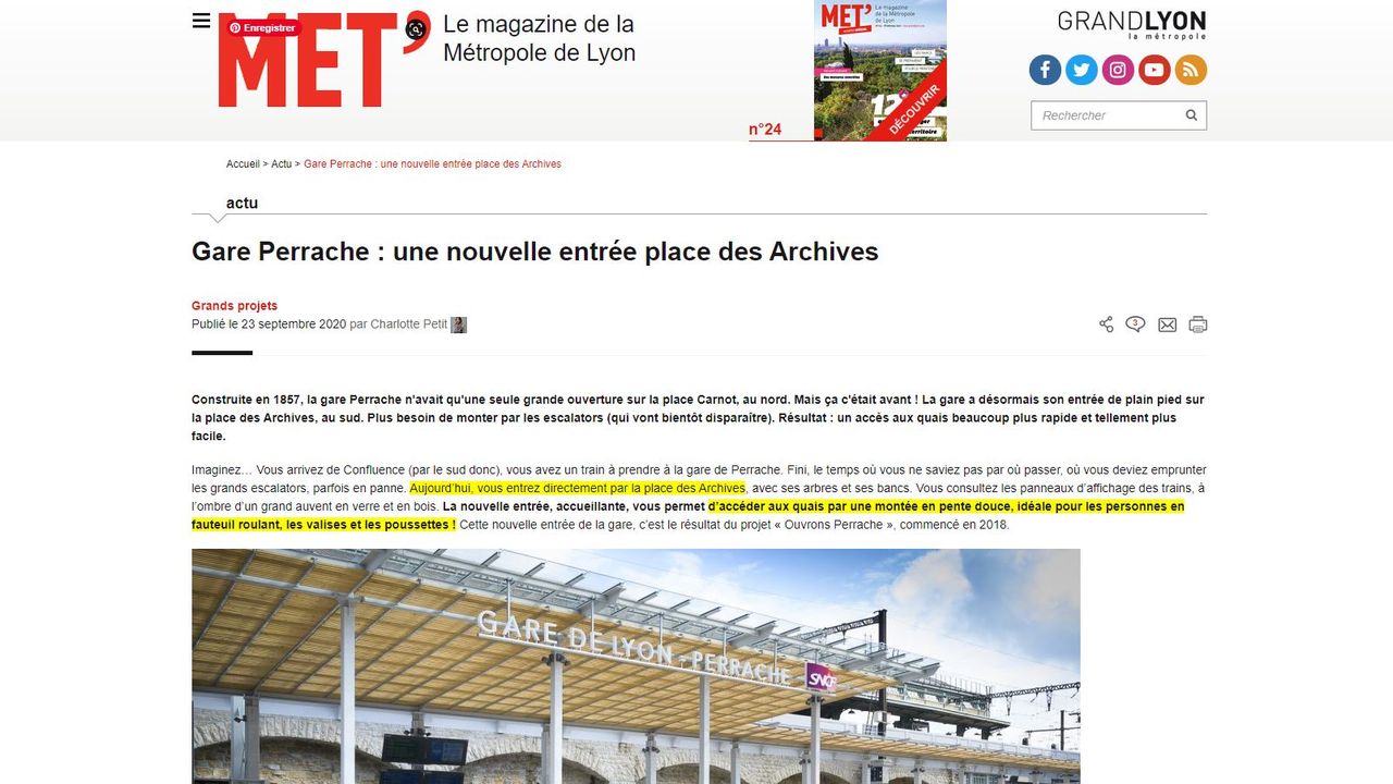 capture d'écran du site d'actu sur lequel on voit un article "Gare Perrache : une nouvelle entrée place des Archives"