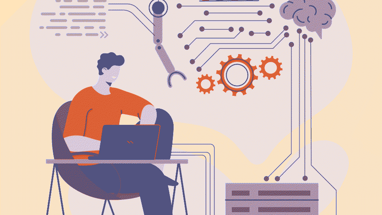 Illustration d'une personne sur un ordinateur et des circuit imprimés