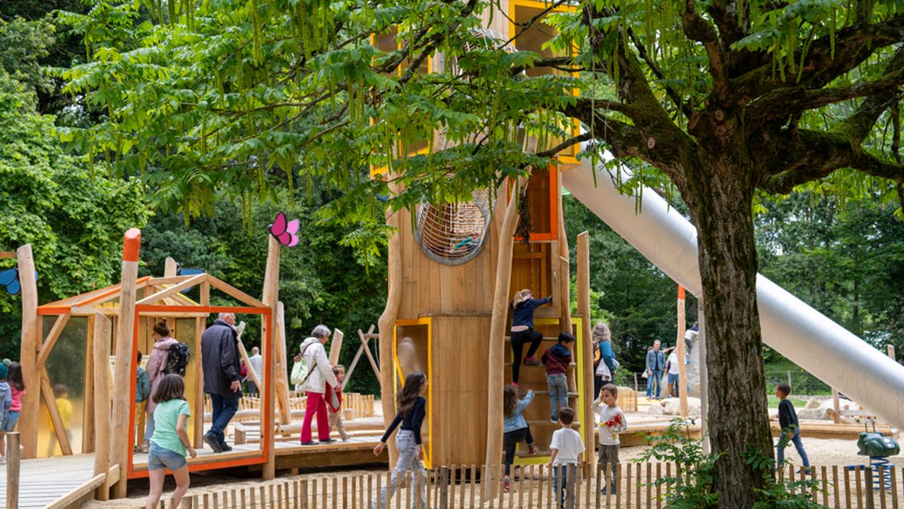 des enfants jouent sur une structure en bois entourée d'arbres